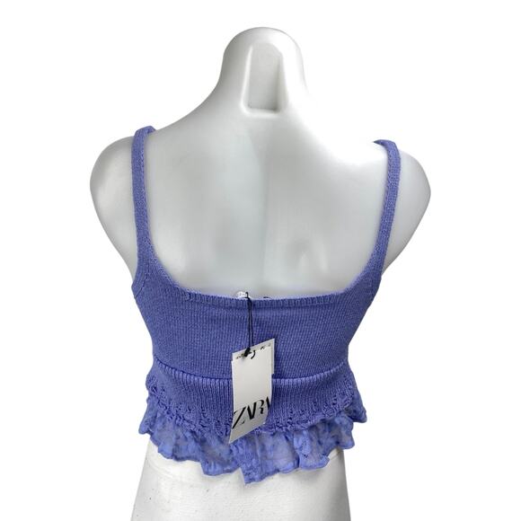 NEW Zara Purple Ruffle Lace Sleeveless Cami Square Neck Peplum Tank Crop Top S - Picture 2 of 4
